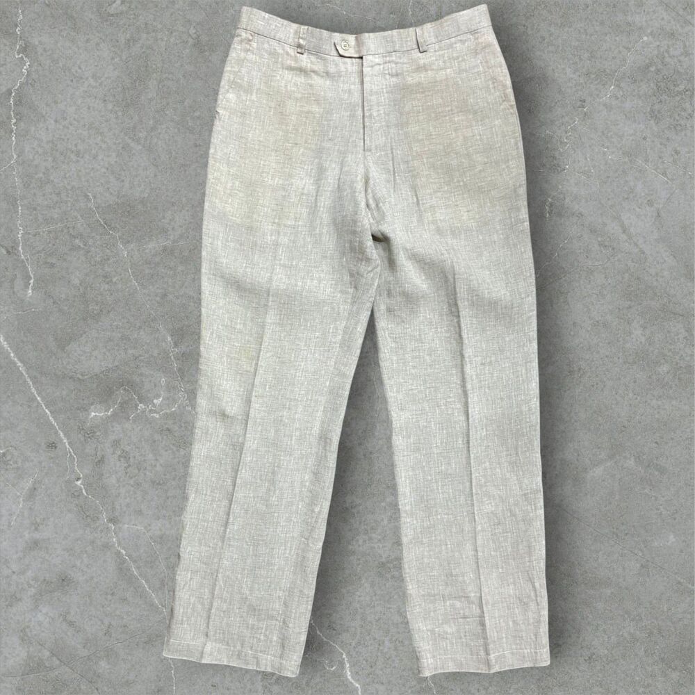 Tiglio Vintage Casual Sand Brown European Linen Pants Slacks Men's Size 36 x 34